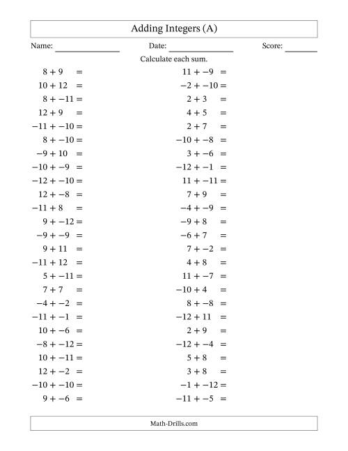 The Adding Mixed Integers from -12 to 12 (50 Questions; No Parentheses) (A) Math Worksheet