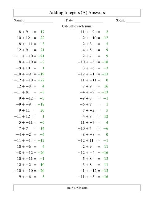 The Adding Mixed Integers from -12 to 12 (50 Questions; No Parentheses) (A) Math Worksheet Page 2