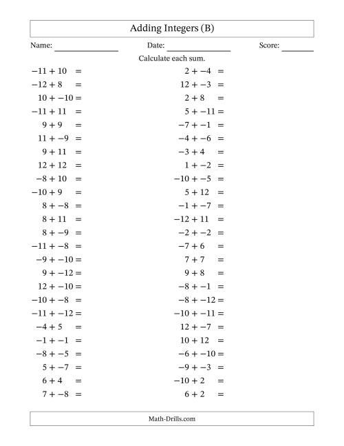 The Adding Mixed Integers from -12 to 12 (50 Questions; No Parentheses) (B) Math Worksheet
