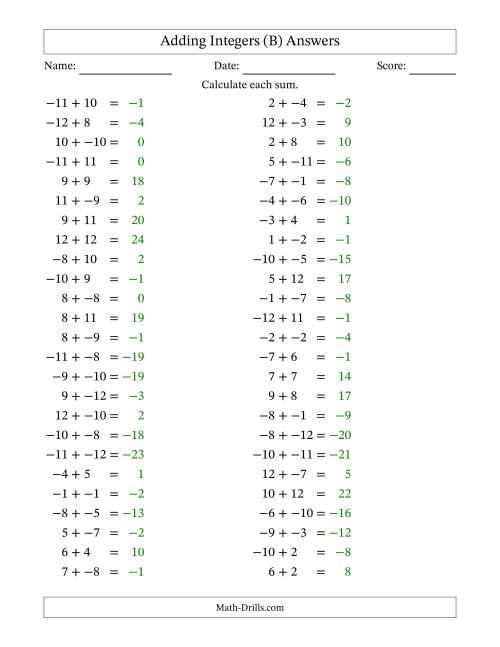 The Adding Mixed Integers from -12 to 12 (50 Questions; No Parentheses) (B) Math Worksheet Page 2