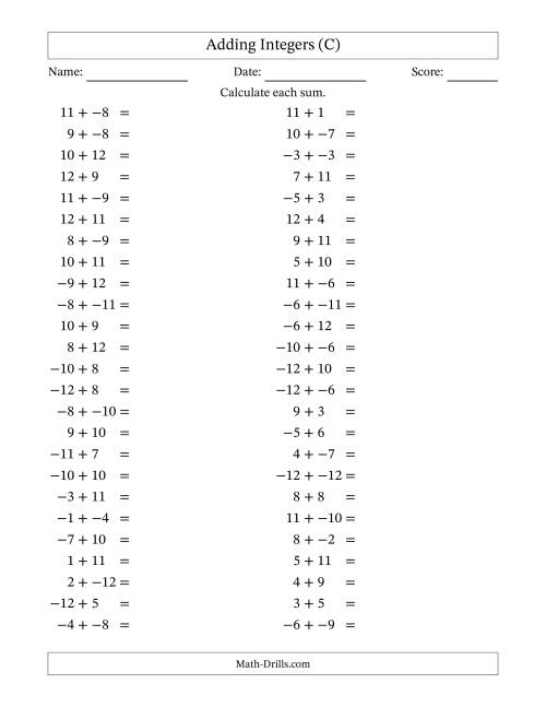The Adding Mixed Integers from -12 to 12 (50 Questions; No Parentheses) (C) Math Worksheet