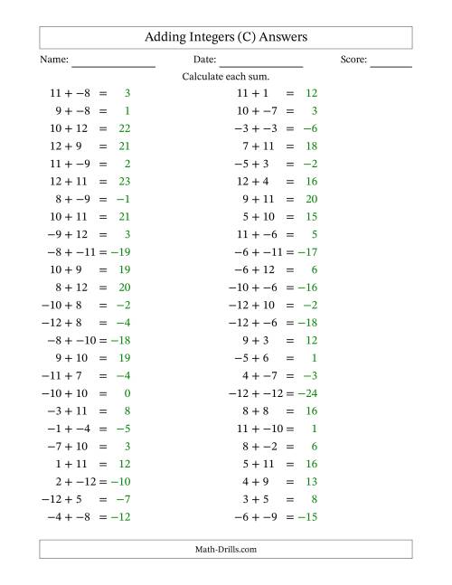 The Adding Mixed Integers from -12 to 12 (50 Questions; No Parentheses) (C) Math Worksheet Page 2