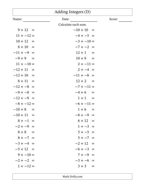 The Adding Mixed Integers from -12 to 12 (50 Questions; No Parentheses) (D) Math Worksheet