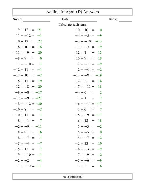 The Adding Mixed Integers from -12 to 12 (50 Questions; No Parentheses) (D) Math Worksheet Page 2