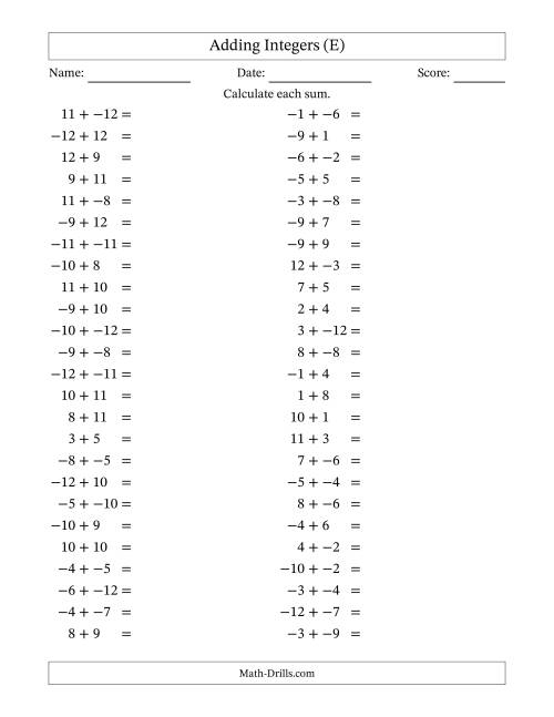 The Adding Mixed Integers from -12 to 12 (50 Questions; No Parentheses) (E) Math Worksheet