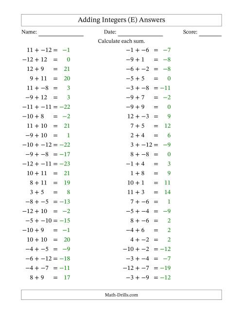 The Adding Mixed Integers from -12 to 12 (50 Questions; No Parentheses) (E) Math Worksheet Page 2