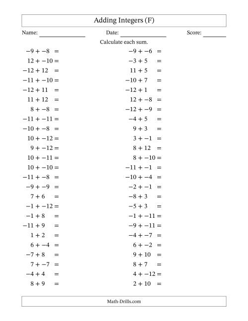 The Adding Mixed Integers from -12 to 12 (50 Questions; No Parentheses) (F) Math Worksheet