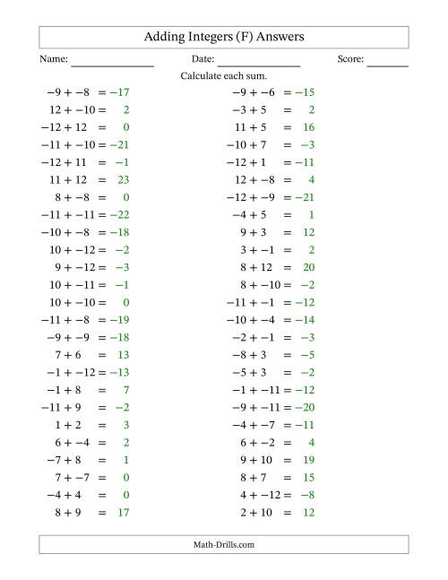 The Adding Mixed Integers from -12 to 12 (50 Questions; No Parentheses) (F) Math Worksheet Page 2
