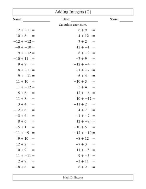 The Adding Mixed Integers from -12 to 12 (50 Questions; No Parentheses) (G) Math Worksheet