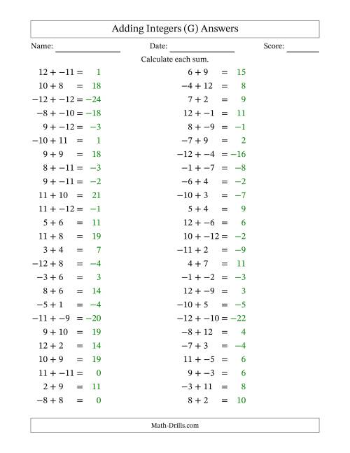 The Adding Mixed Integers from -12 to 12 (50 Questions; No Parentheses) (G) Math Worksheet Page 2
