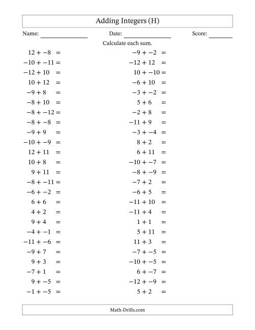 The Adding Mixed Integers from -12 to 12 (50 Questions; No Parentheses) (H) Math Worksheet