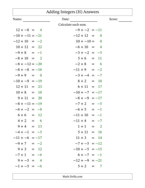 The Adding Mixed Integers from -12 to 12 (50 Questions; No Parentheses) (H) Math Worksheet Page 2