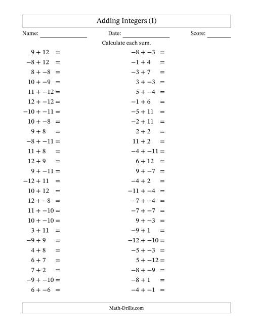 The Adding Mixed Integers from -12 to 12 (50 Questions; No Parentheses) (I) Math Worksheet
