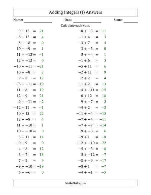 The Adding Mixed Integers from -12 to 12 (50 Questions; No Parentheses) (I) Math Worksheet Page 2
