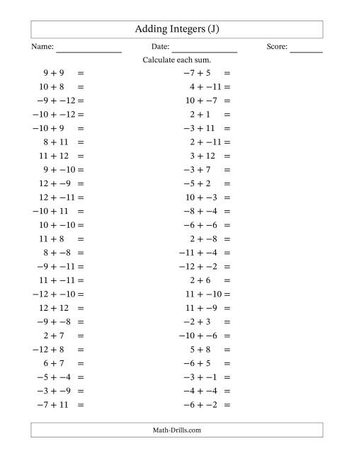The Adding Mixed Integers from -12 to 12 (50 Questions; No Parentheses) (J) Math Worksheet