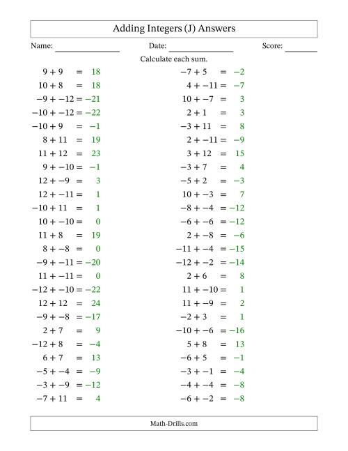 The Adding Mixed Integers from -12 to 12 (50 Questions; No Parentheses) (J) Math Worksheet Page 2