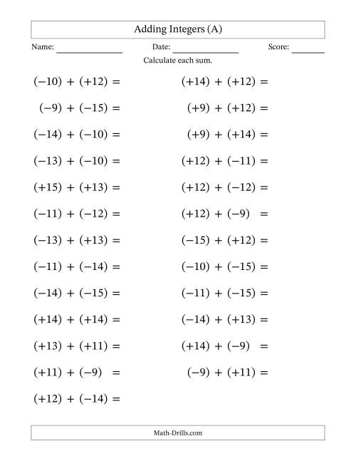 The Adding Mixed Integers from -15 to 15 (25 Questions; Large Print; All Parentheses) (A) Math Worksheet