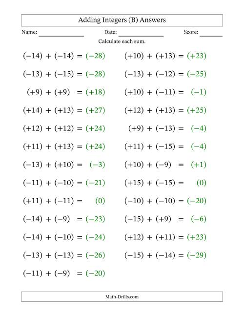 The Adding Mixed Integers from -15 to 15 (25 Questions; Large Print; All Parentheses) (B) Math Worksheet Page 2