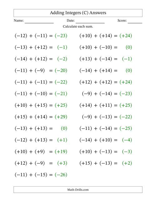 The Adding Mixed Integers from -15 to 15 (25 Questions; Large Print; All Parentheses) (C) Math Worksheet Page 2