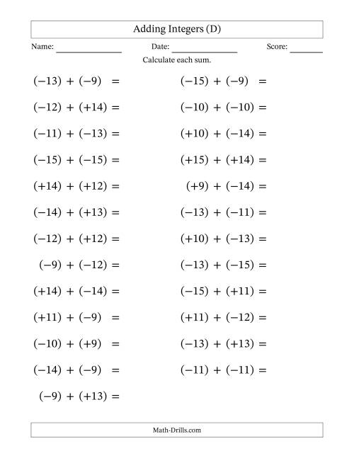 The Adding Mixed Integers from -15 to 15 (25 Questions; Large Print; All Parentheses) (D) Math Worksheet