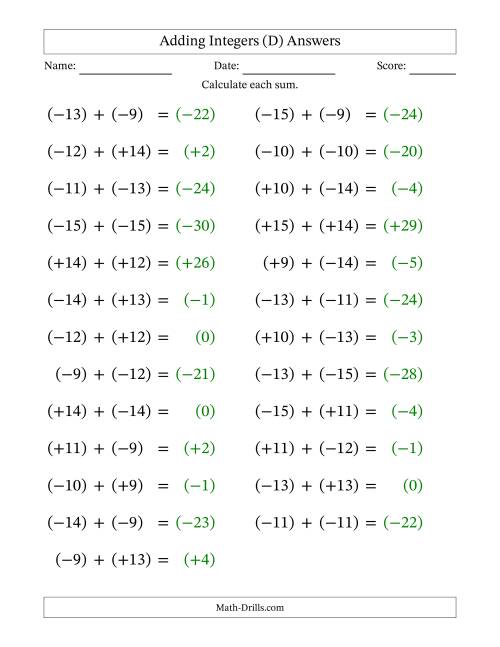 The Adding Mixed Integers from -15 to 15 (25 Questions; Large Print; All Parentheses) (D) Math Worksheet Page 2