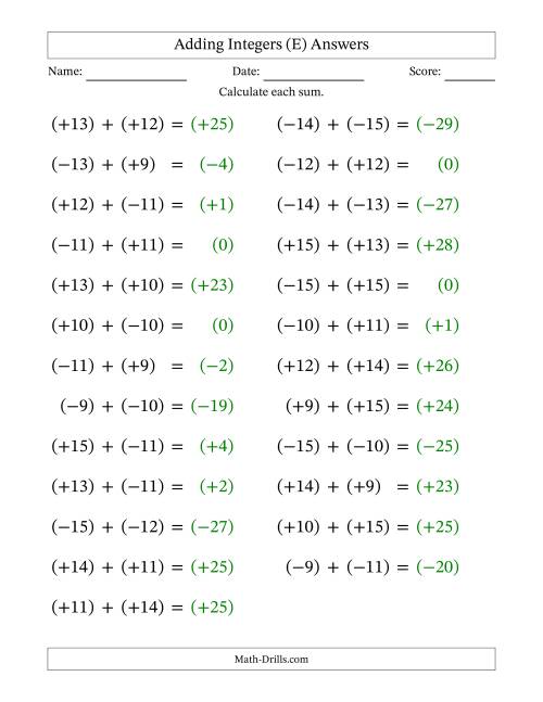 The Adding Mixed Integers from -15 to 15 (25 Questions; Large Print; All Parentheses) (E) Math Worksheet Page 2