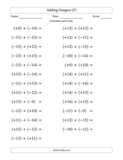 The Adding Mixed Integers from -15 to 15 (25 Questions; Large Print; All Parentheses) (F) Math Worksheet