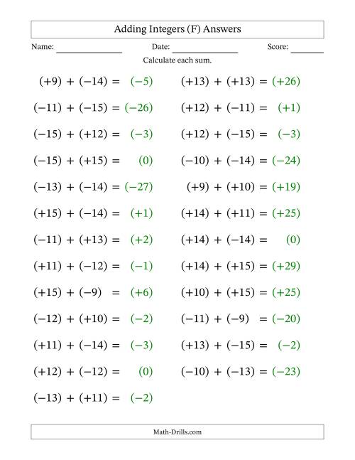 The Adding Mixed Integers from -15 to 15 (25 Questions; Large Print; All Parentheses) (F) Math Worksheet Page 2