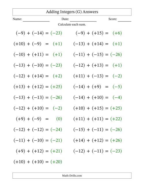 The Adding Mixed Integers from -15 to 15 (25 Questions; Large Print; All Parentheses) (G) Math Worksheet Page 2