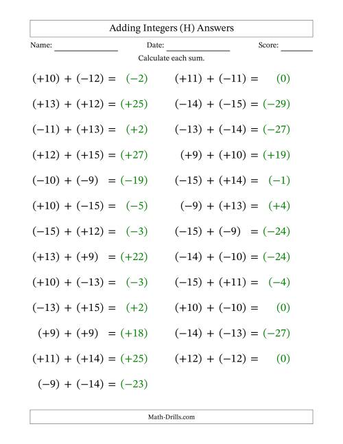 The Adding Mixed Integers from -15 to 15 (25 Questions; Large Print; All Parentheses) (H) Math Worksheet Page 2