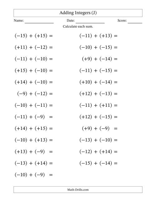 The Adding Mixed Integers from -15 to 15 (25 Questions; Large Print; All Parentheses) (J) Math Worksheet