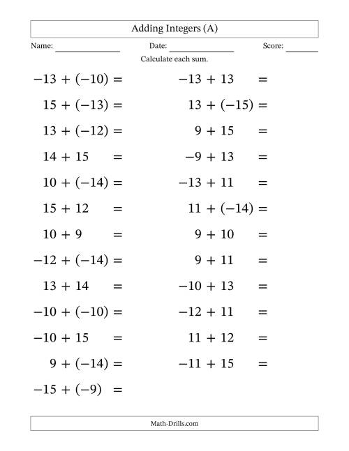 The Adding Mixed Integers from -15 to 15 (25 Questions; Large Print) (A) Math Worksheet