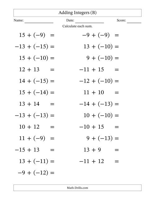 The Adding Mixed Integers from -15 to 15 (25 Questions; Large Print) (B) Math Worksheet