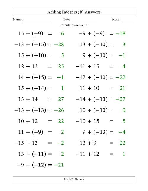 The Adding Mixed Integers from -15 to 15 (25 Questions; Large Print) (B) Math Worksheet Page 2