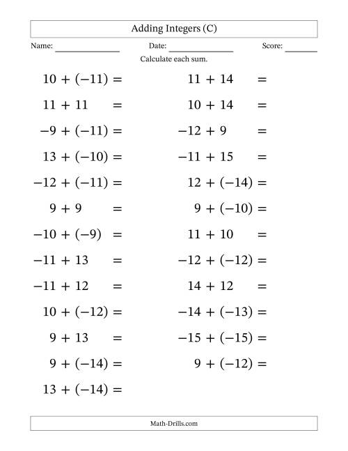 The Adding Mixed Integers from -15 to 15 (25 Questions; Large Print) (C) Math Worksheet