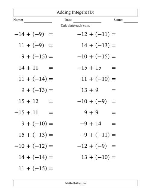 The Adding Mixed Integers from -15 to 15 (25 Questions; Large Print) (D) Math Worksheet