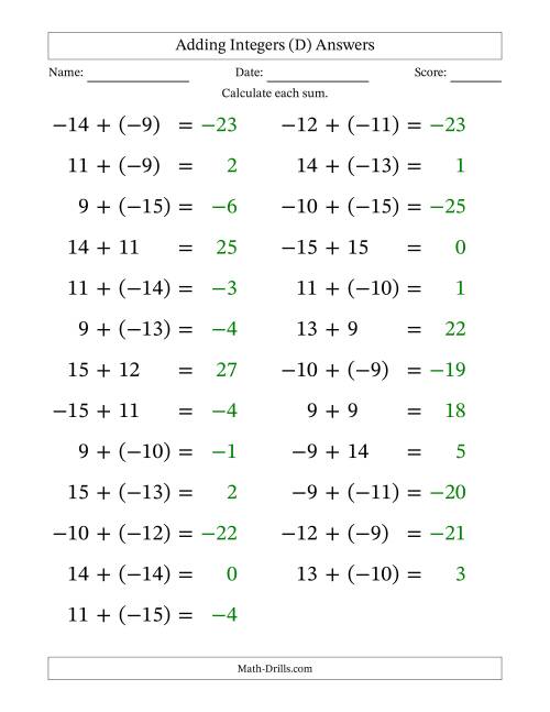 The Adding Mixed Integers from -15 to 15 (25 Questions; Large Print) (D) Math Worksheet Page 2