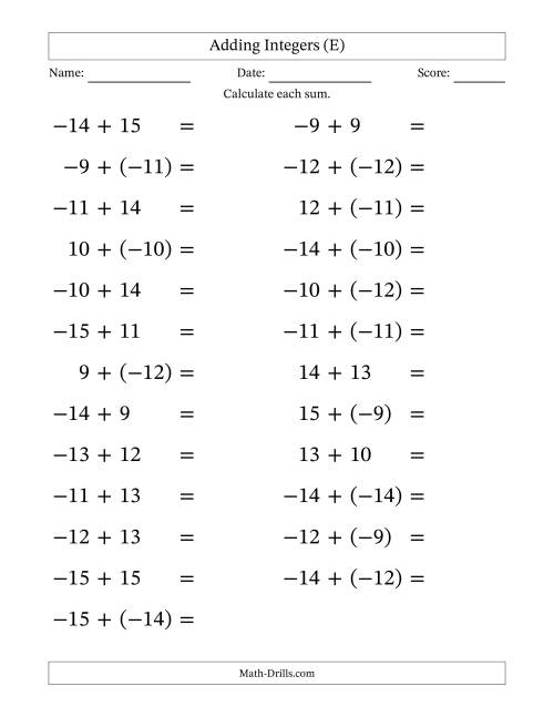 The Adding Mixed Integers from -15 to 15 (25 Questions; Large Print) (E) Math Worksheet