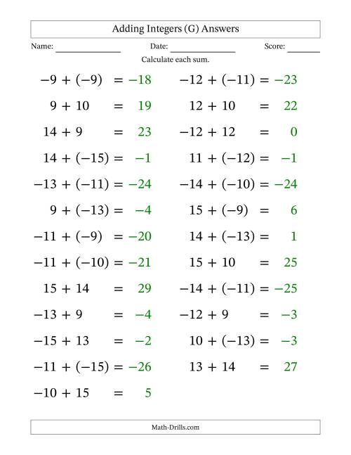 The Adding Mixed Integers from -15 to 15 (25 Questions; Large Print) (G) Math Worksheet Page 2
