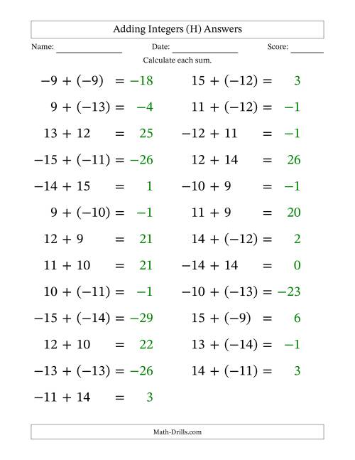 The Adding Mixed Integers from -15 to 15 (25 Questions; Large Print) (H) Math Worksheet Page 2
