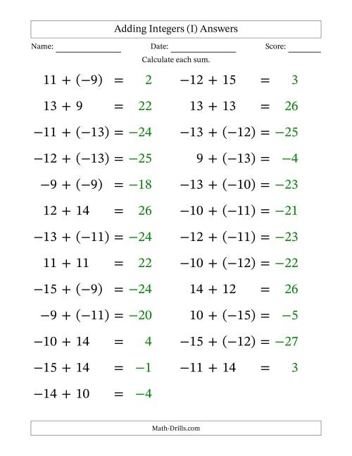 The Adding Mixed Integers from -15 to 15 (25 Questions; Large Print) (I) Math Worksheet Page 2