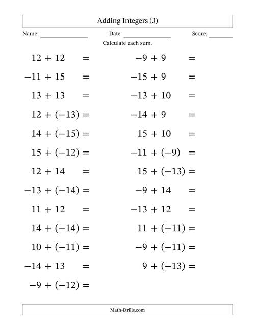 The Adding Mixed Integers from -15 to 15 (25 Questions; Large Print) (J) Math Worksheet