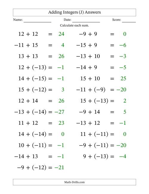 The Adding Mixed Integers from -15 to 15 (25 Questions; Large Print) (J) Math Worksheet Page 2