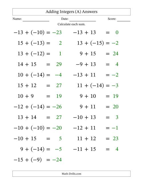 The Adding Mixed Integers from -15 to 15 (25 Questions; Large Print) (All) Math Worksheet Page 2