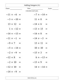 Adding Mixed Integers from -15 to 15 (25 Questions; Large Print; No Parentheses)