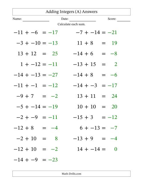 The Adding Mixed Integers from -15 to 15 (25 Questions; Large Print; No Parentheses) (A) Math Worksheet Page 2