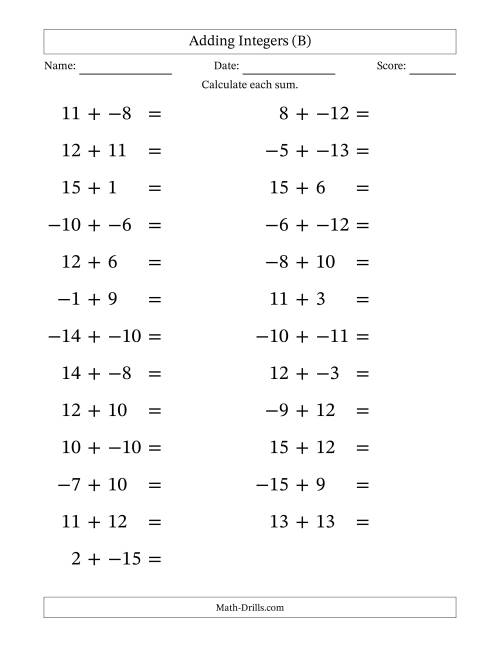 The Adding Mixed Integers from -15 to 15 (25 Questions; Large Print; No Parentheses) (B) Math Worksheet