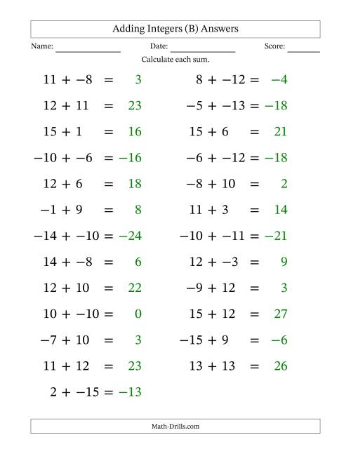 The Adding Mixed Integers from -15 to 15 (25 Questions; Large Print; No Parentheses) (B) Math Worksheet Page 2