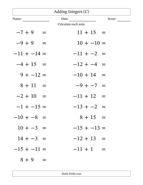 The Adding Mixed Integers from -15 to 15 (25 Questions; Large Print; No Parentheses) (C) Math Worksheet