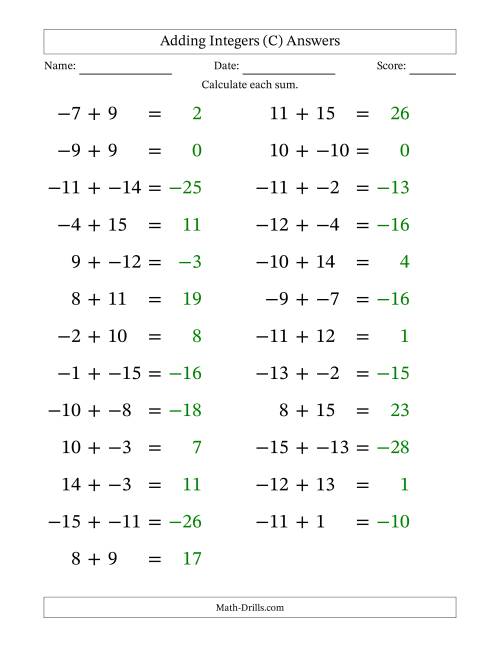 The Adding Mixed Integers from -15 to 15 (25 Questions; Large Print; No Parentheses) (C) Math Worksheet Page 2